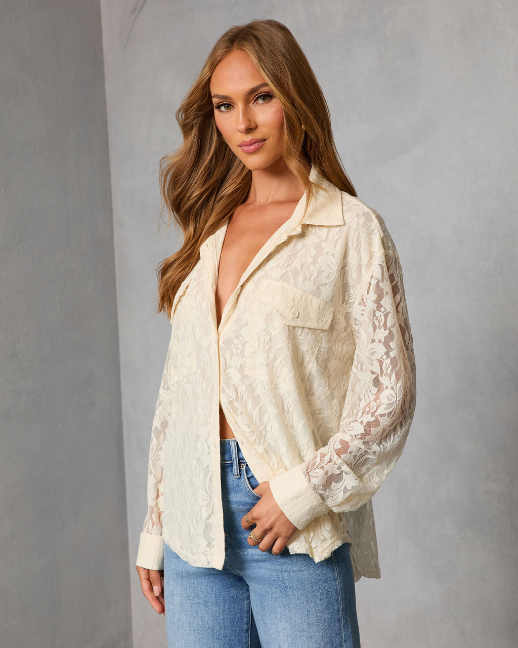 Sweet Noel Lace Button Down Top-Vogue Logic