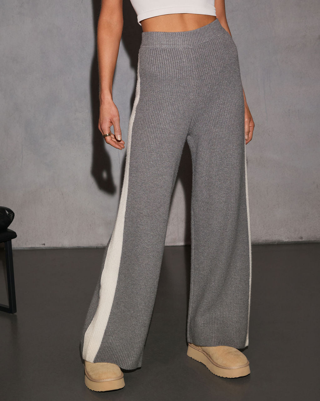Sunday Snooze Knit Contrast Wide Leg Pants-Vogue Logic