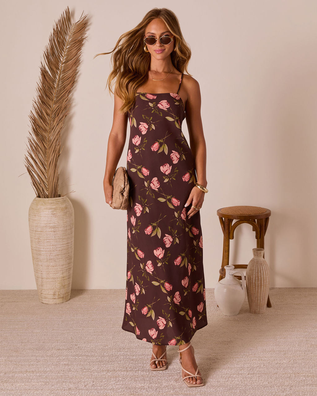 Picking Petals Satin Floral Maxi Dress-Vogue Logic
