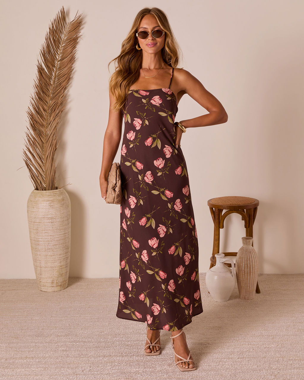 Picking Petals Satin Floral Maxi Dress-Vogue Logic