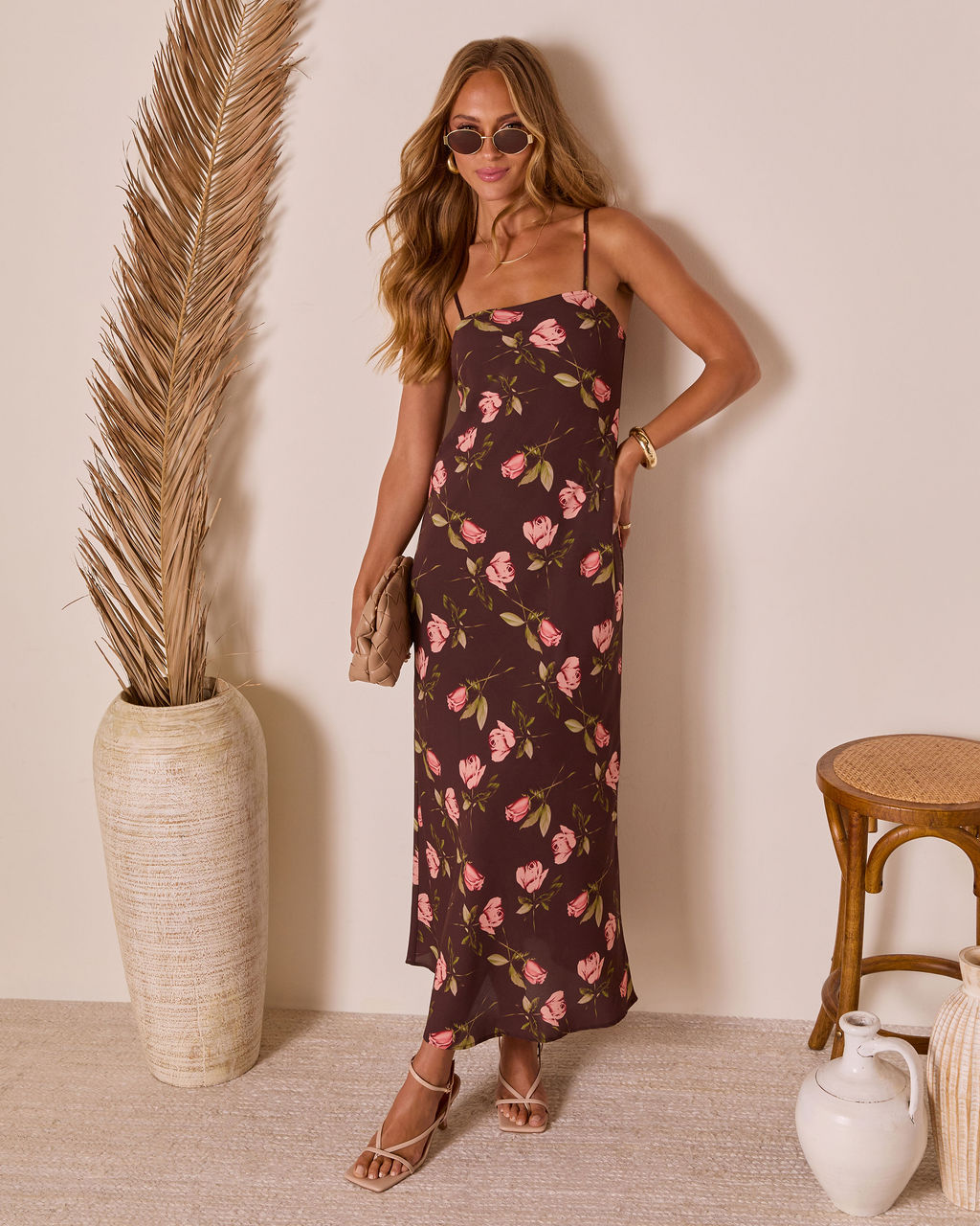 Picking Petals Satin Floral Maxi Dress-Vogue Logic