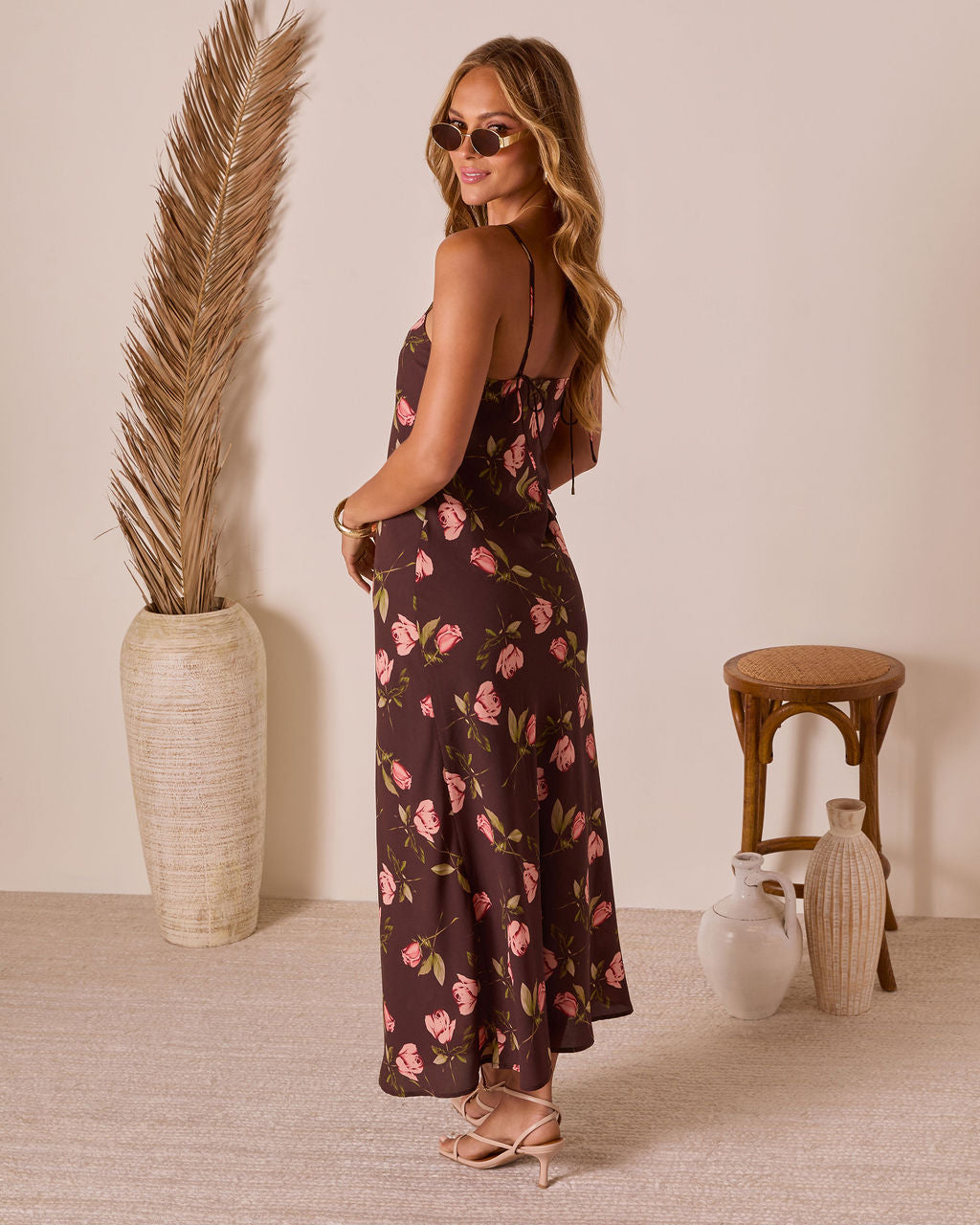 Picking Petals Satin Floral Maxi Dress-Vogue Logic