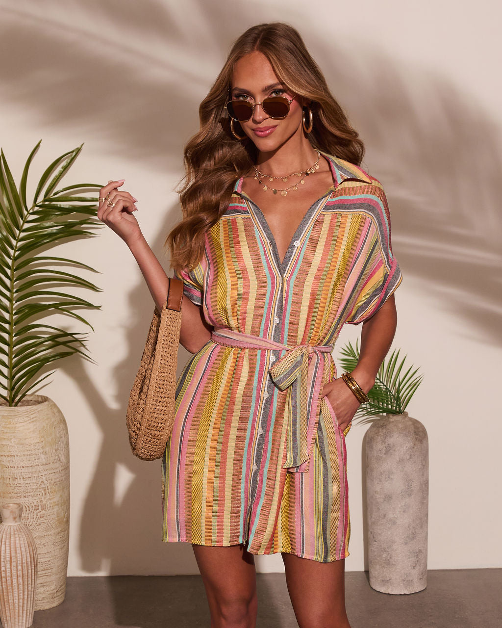 Sunshade Waist Tie Mini Shirt Dress-Vogue Logic