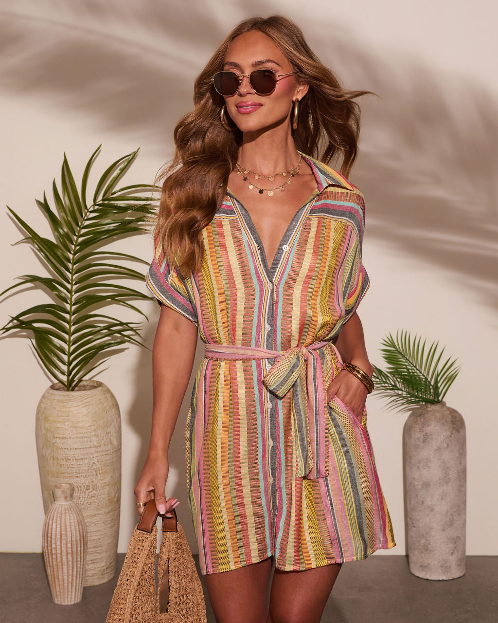 Sunshade Waist Tie Mini Shirt Dress-Vogue Logic