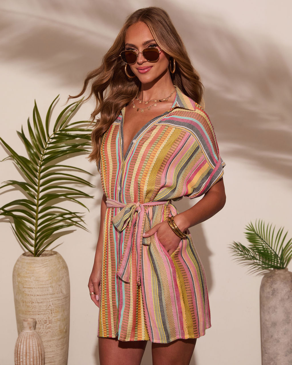 Sunshade Waist Tie Mini Shirt Dress-Vogue Logic