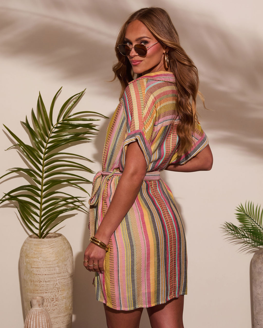 Sunshade Waist Tie Mini Shirt Dress-Vogue Logic