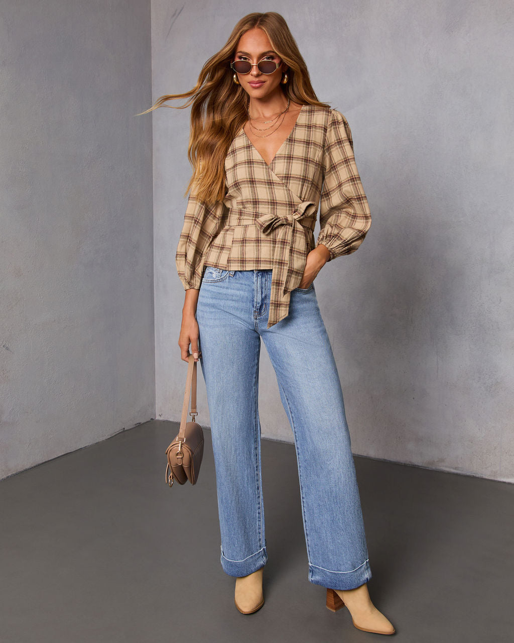 Nalena Plaid Wrap Blouse-Vogue Logic