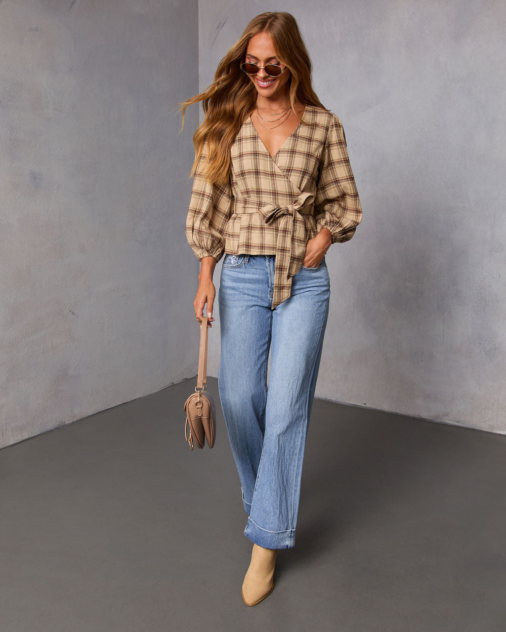 Nalena Plaid Wrap Blouse-Vogue Logic