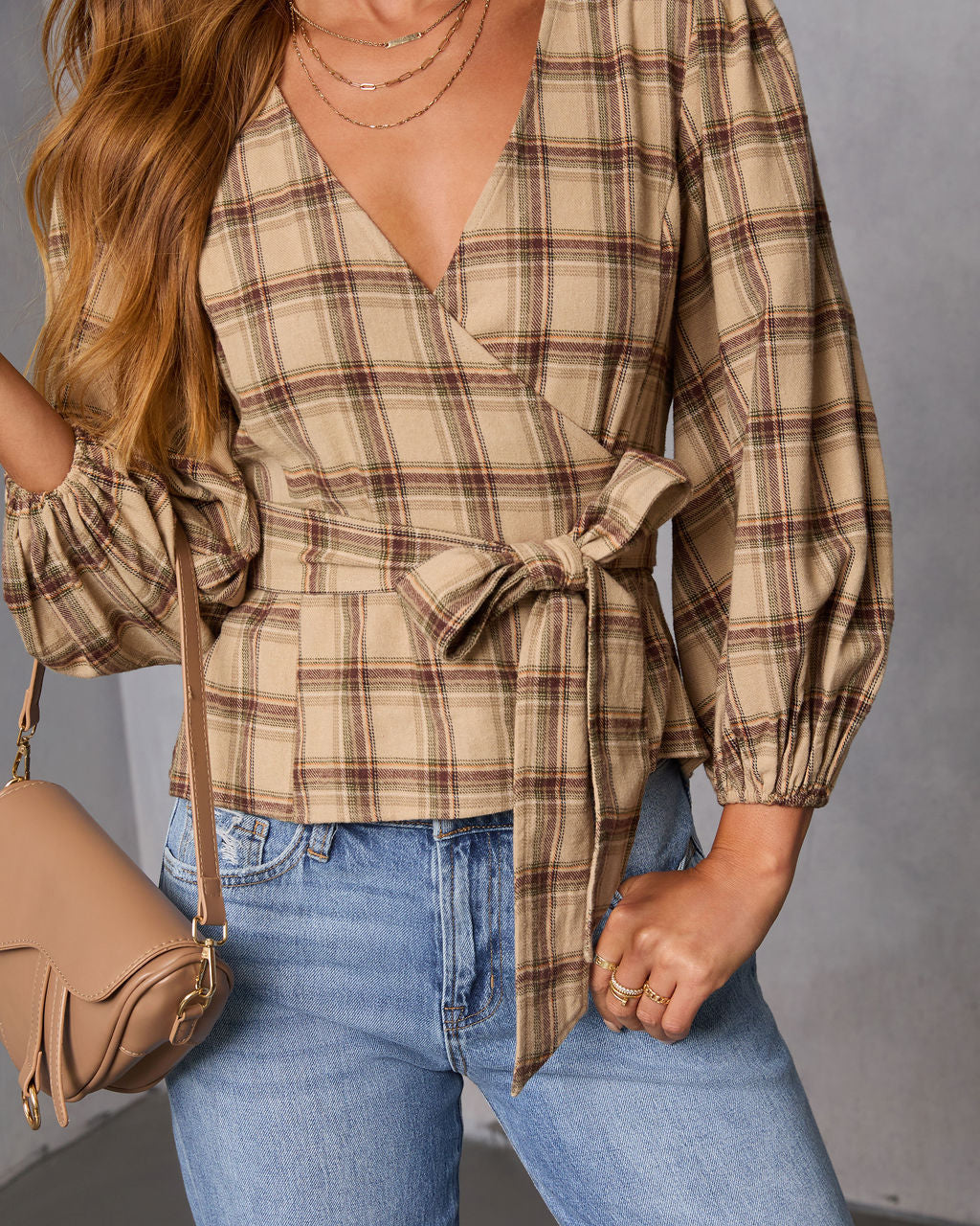 Nalena Plaid Wrap Blouse-Vogue Logic