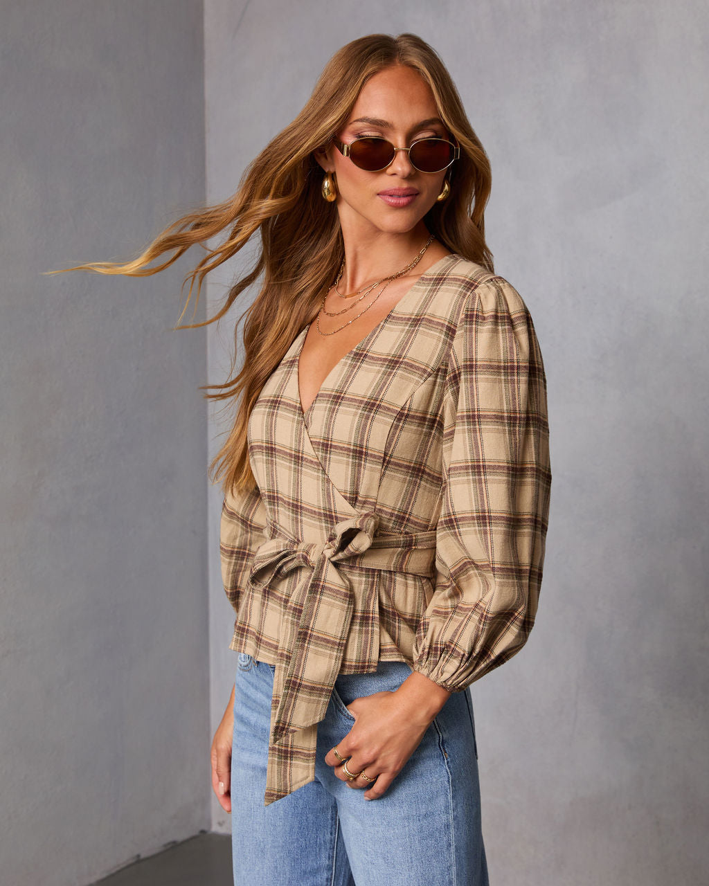 Nalena Plaid Wrap Blouse-Vogue Logic