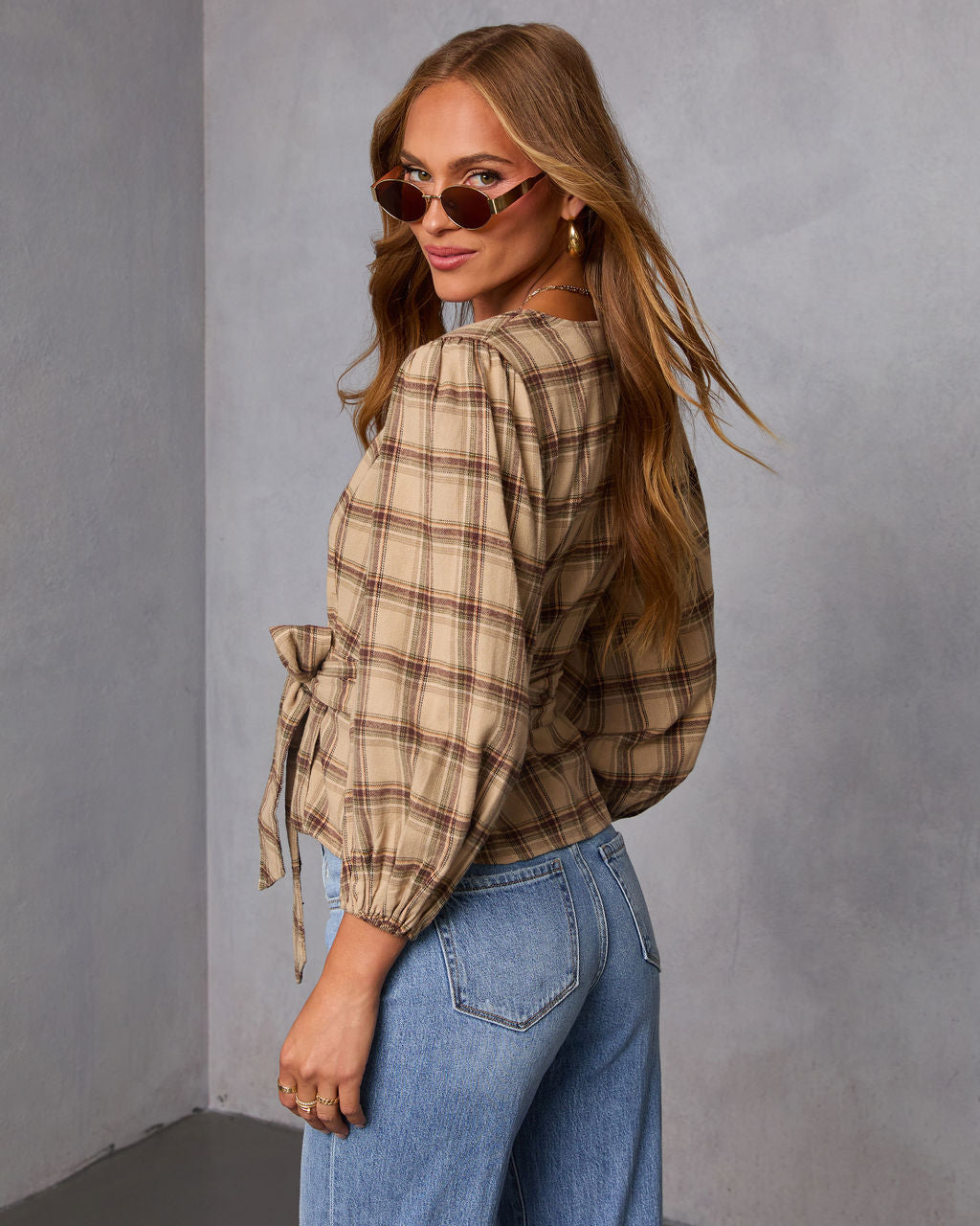 Nalena Plaid Wrap Blouse-Vogue Logic