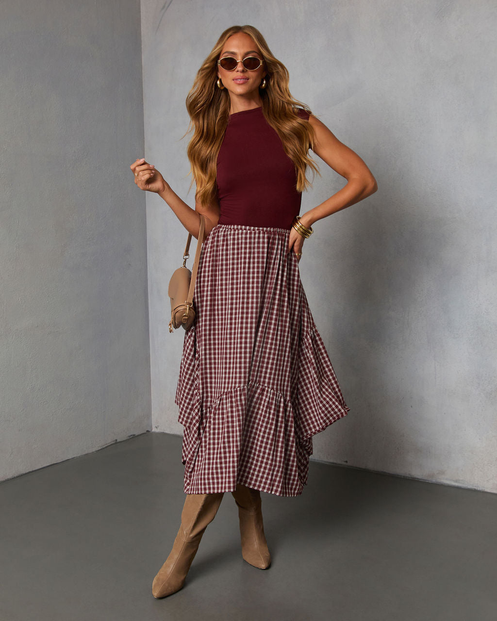 Metina Gingham Midi Skirt-Vogue Logic