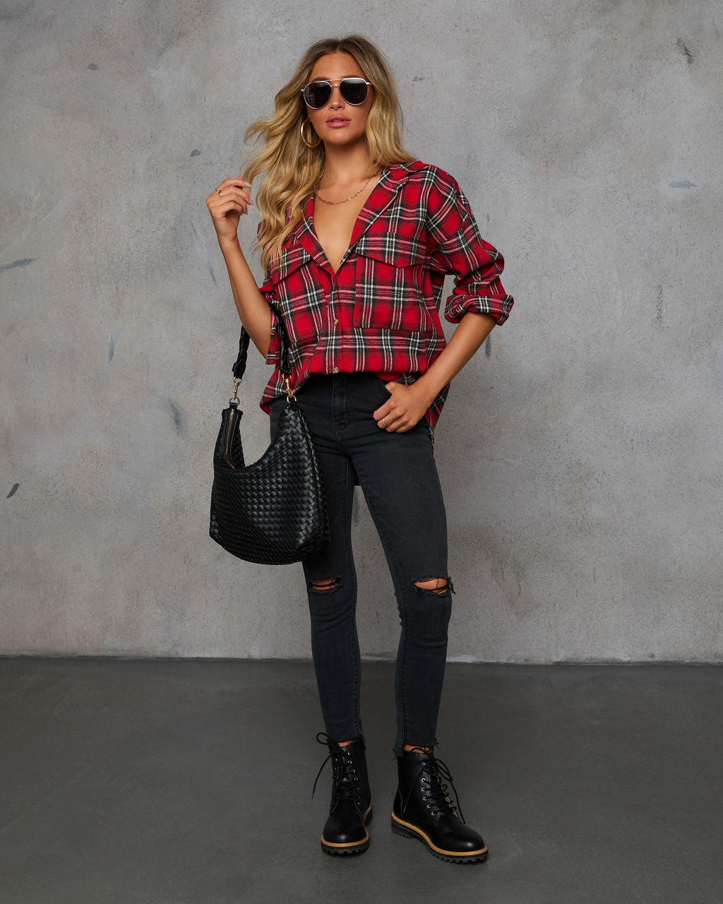 Petaluma Cotton Blend Plaid Button Down Top-Vogue Logic
