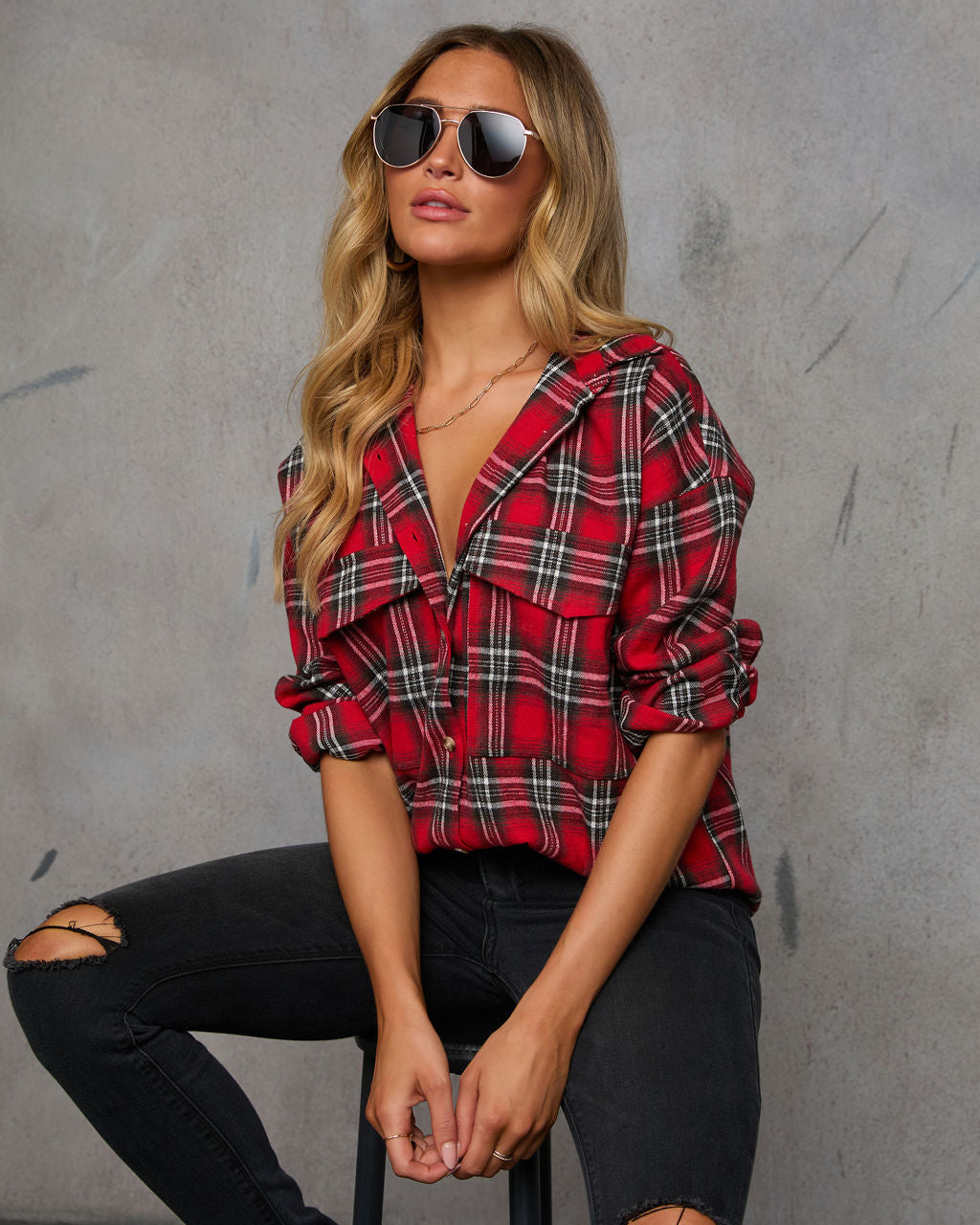 Petaluma Cotton Blend Plaid Button Down Top-Vogue Logic
