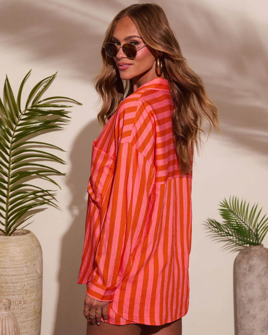 Sun Drunk Contrast Striped Button Down Top-Vogue Logic