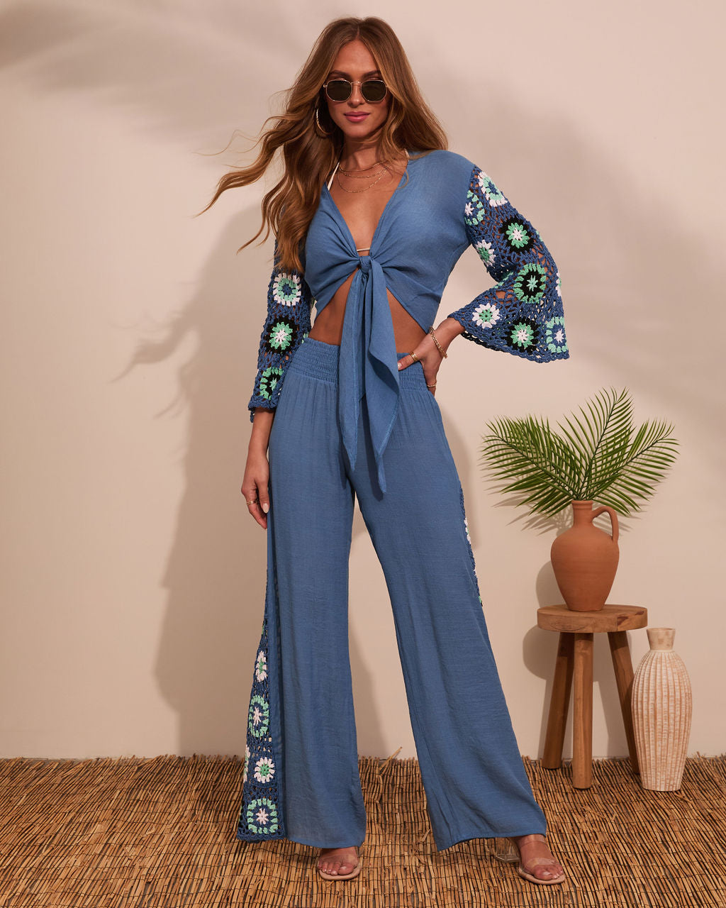 Josia Tie Front Crochet Sleeve Crop Top-Vogue Logic