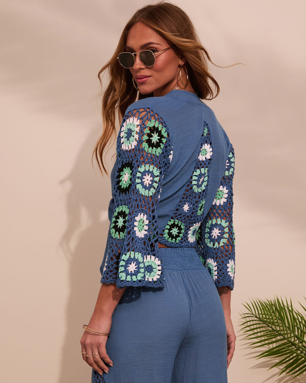 Josia Tie Front Crochet Sleeve Crop Top-Vogue Logic