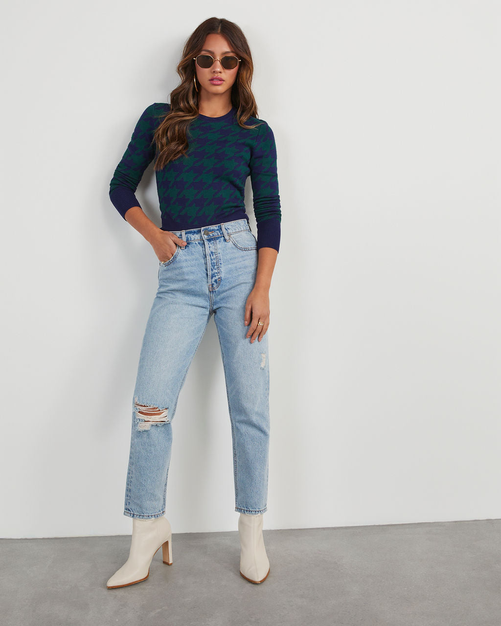 Chantal Houndstooth Pullover Sweater-Vogue Logic