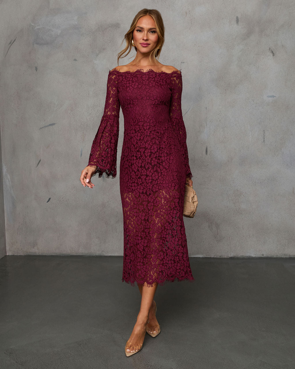 On Your Mind Off Shoulder Lace Midi Dress-Vogue Logic