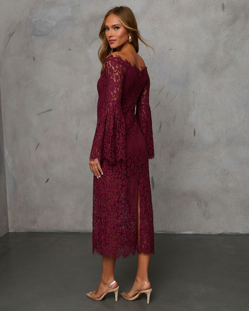 On Your Mind Off Shoulder Lace Midi Dress-Vogue Logic