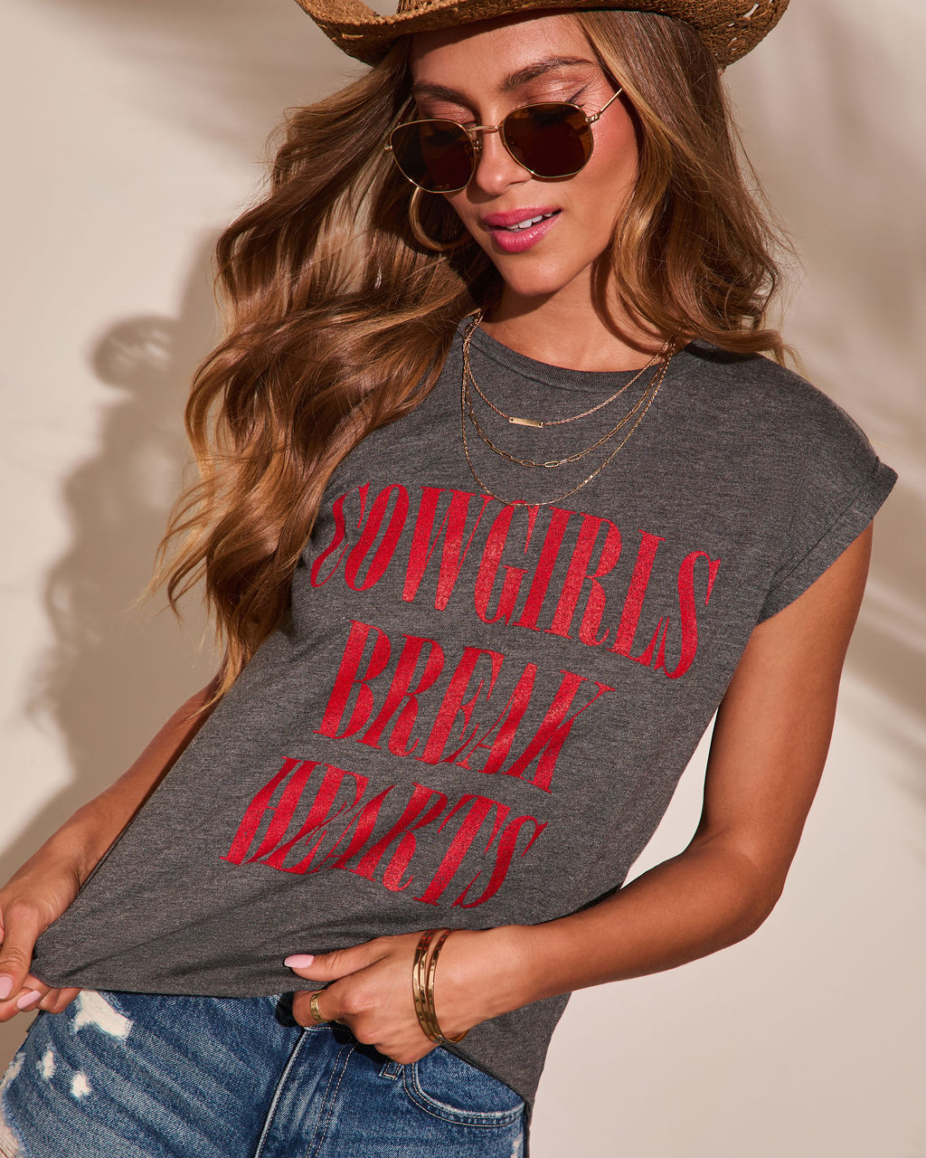 Cowgirls Break Hearts Muscle Tee-Vogue Logic