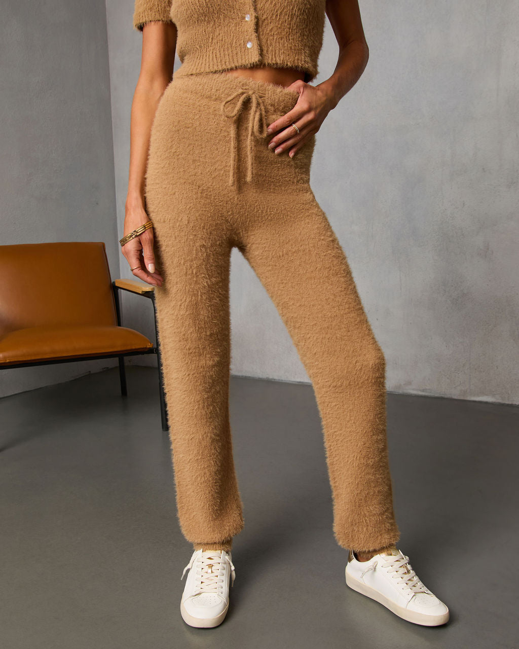 Chai Fall Fuzzy Knit High Rise Waist Tie Pants-Vogue Logic