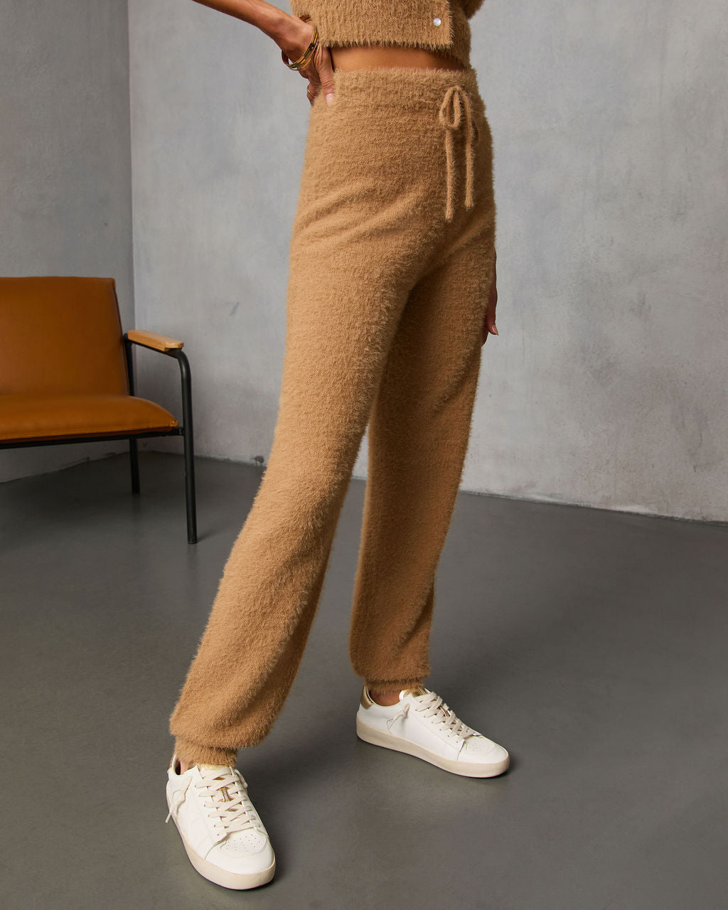 Chai Fall Fuzzy Knit High Rise Waist Tie Pants-Vogue Logic