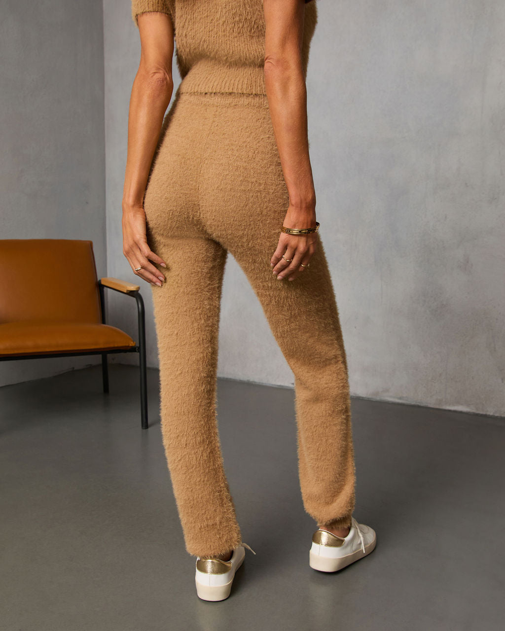 Chai Fall Fuzzy Knit High Rise Waist Tie Pants-Vogue Logic