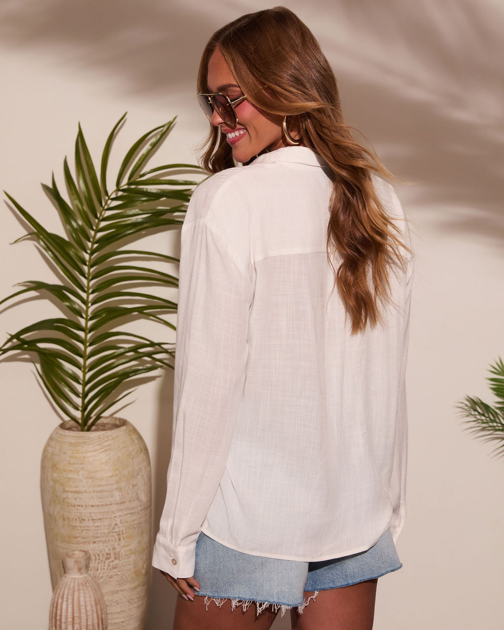 Palm Ritual Embroidered Linen Button Down Top-Vogue Logic