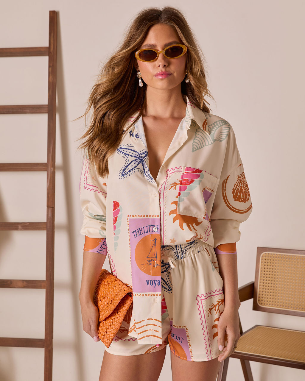 Postcard Sent Stamp Print Drawstring Shorts-Vogue Logic