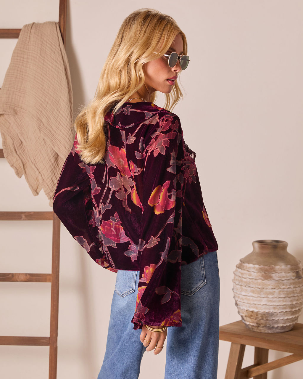 Neutral Harvest Printed Velvet Front Tie Top-Vogue Logic