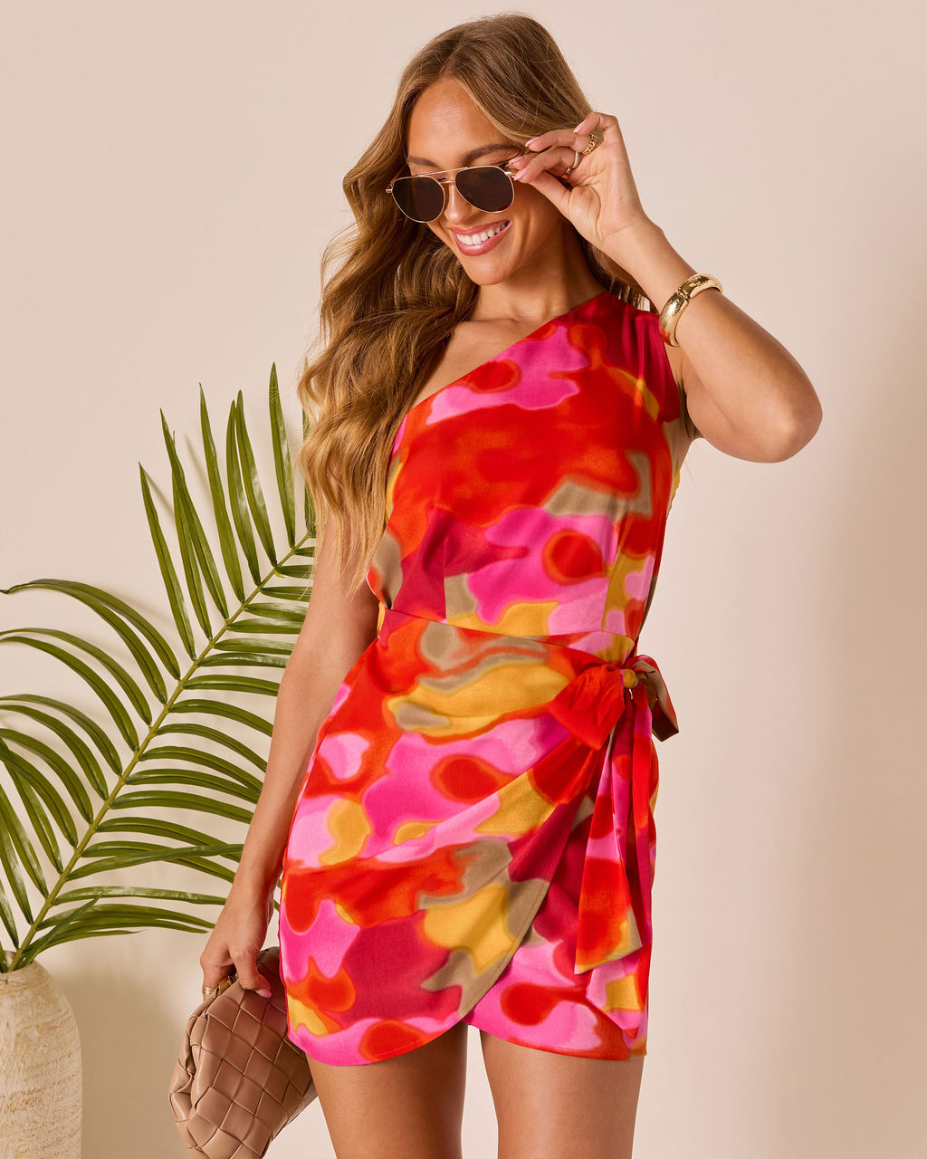 Tropic Kiss One Shoulder Wrap Mini Dress-Vogue Logic