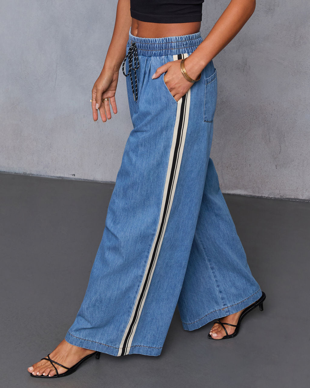 Rosalenda Side Stripe Chambray Pants-Vogue Logic