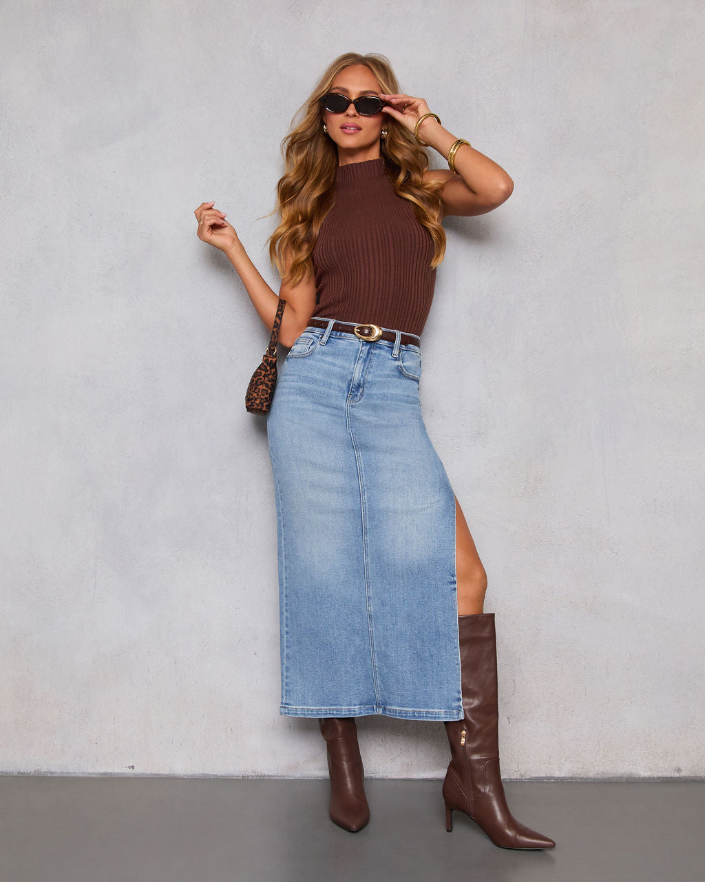 Chic Side Slit Denim Midi Skirt-Vogue Logic