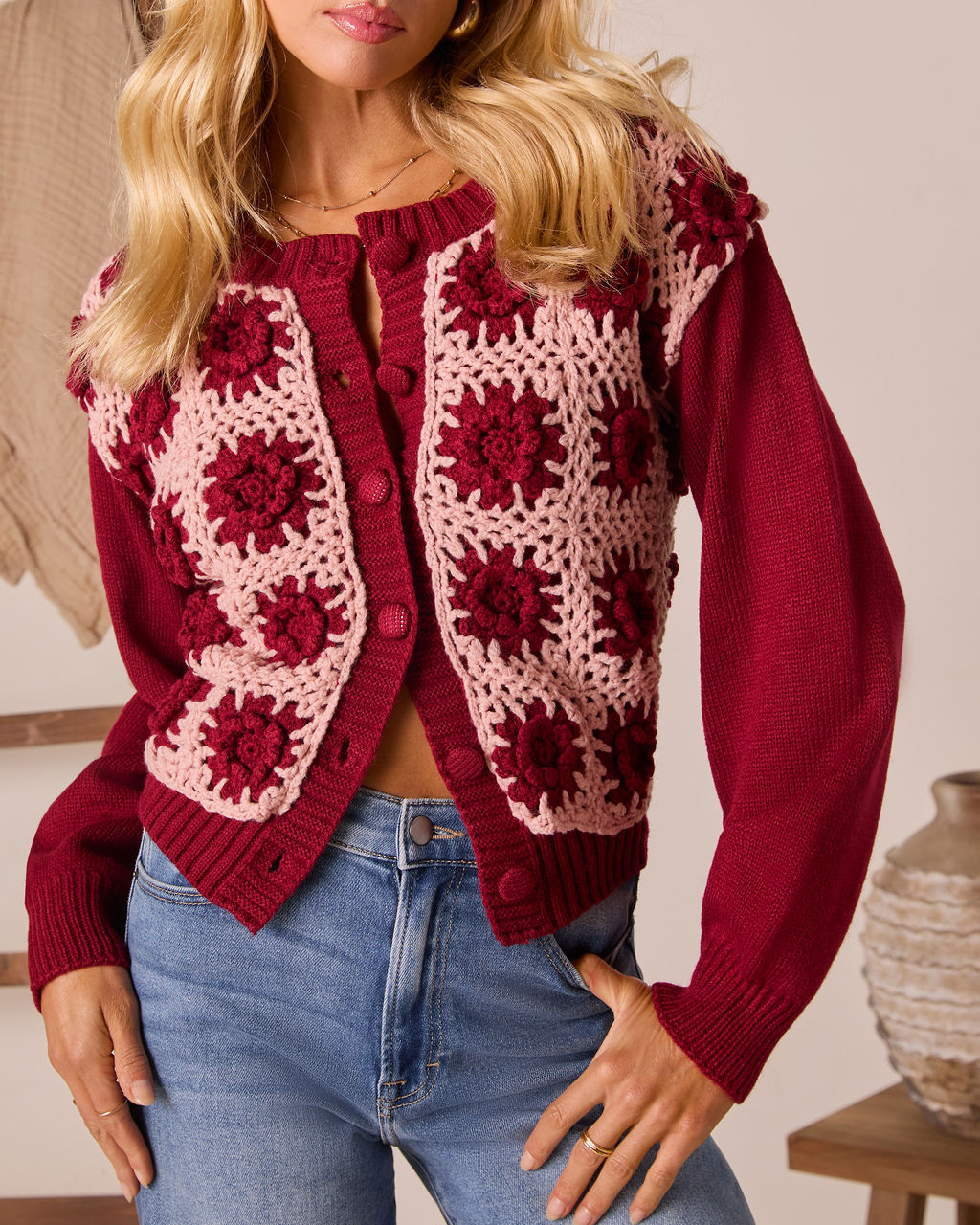 Low Skies Contrast Crochet Cardigan-Vogue Logic