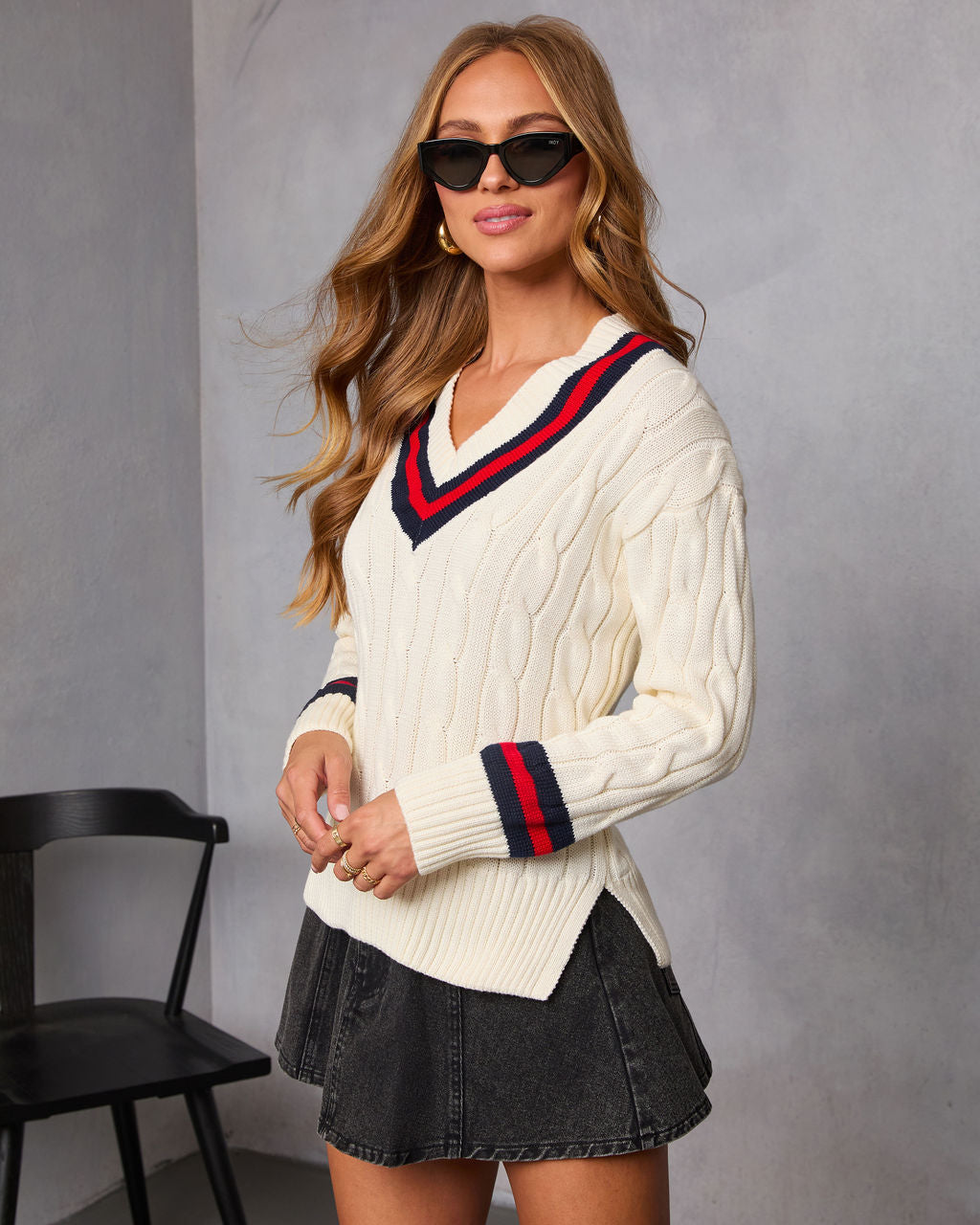 Moonlit Varsity Cable Knit Sweater-Vogue Logic