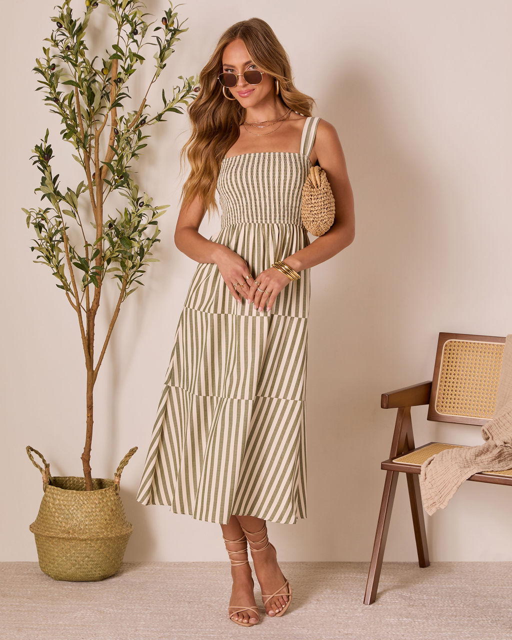 Braylin Striped Smocked Midi Dress-Vogue Logic