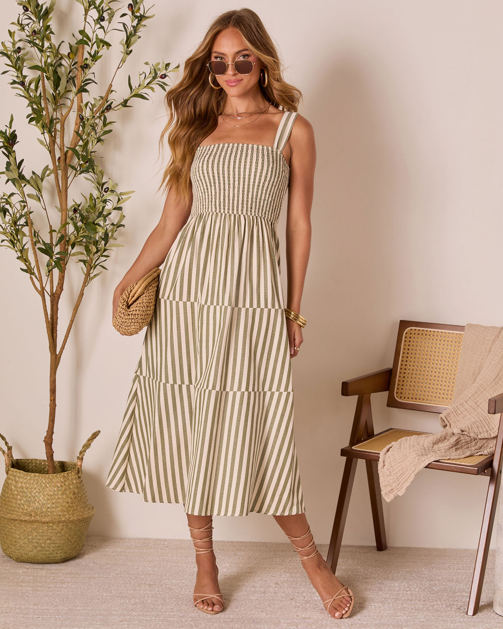 Braylin Striped Smocked Midi Dress-Vogue Logic