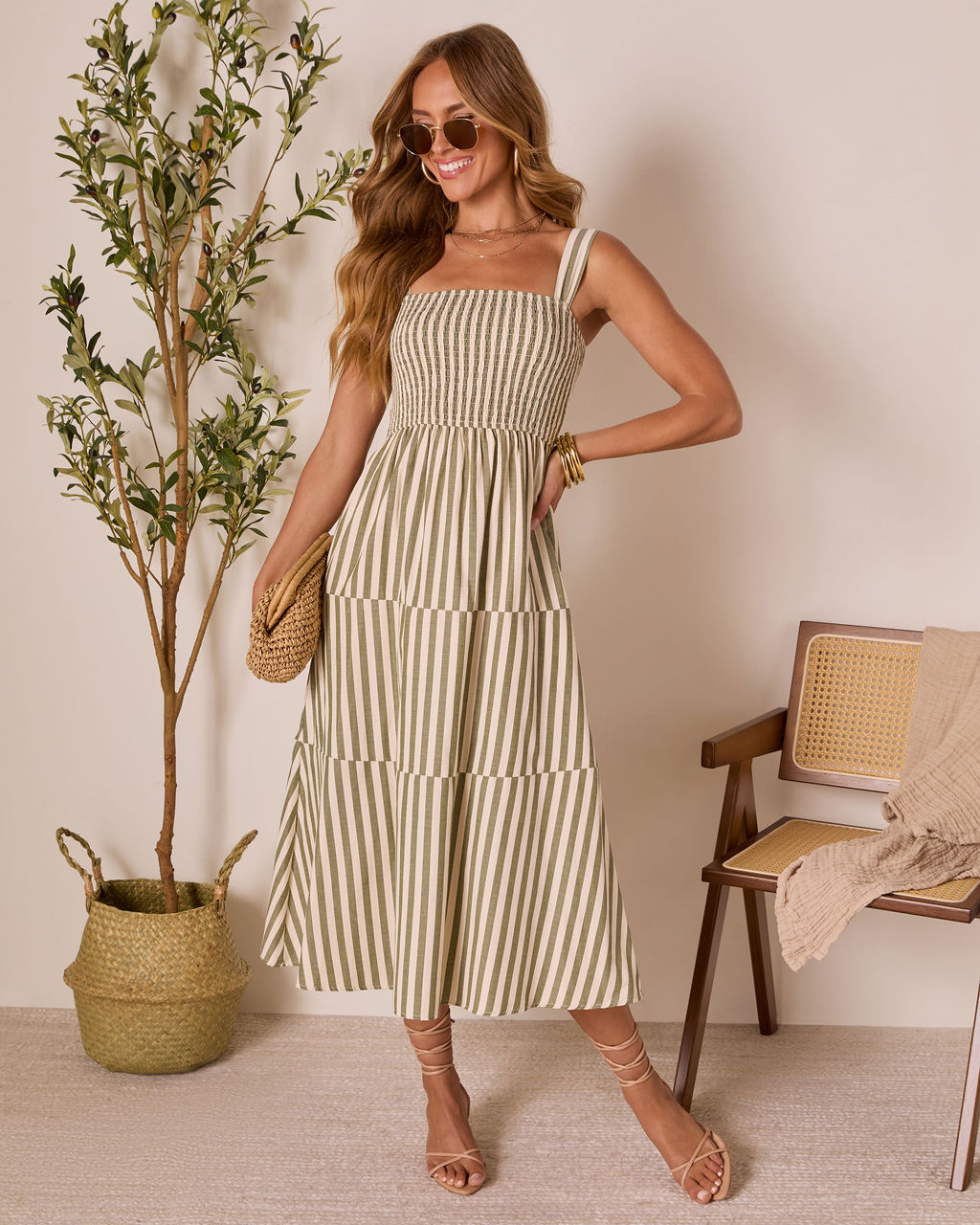 Braylin Striped Smocked Midi Dress-Vogue Logic