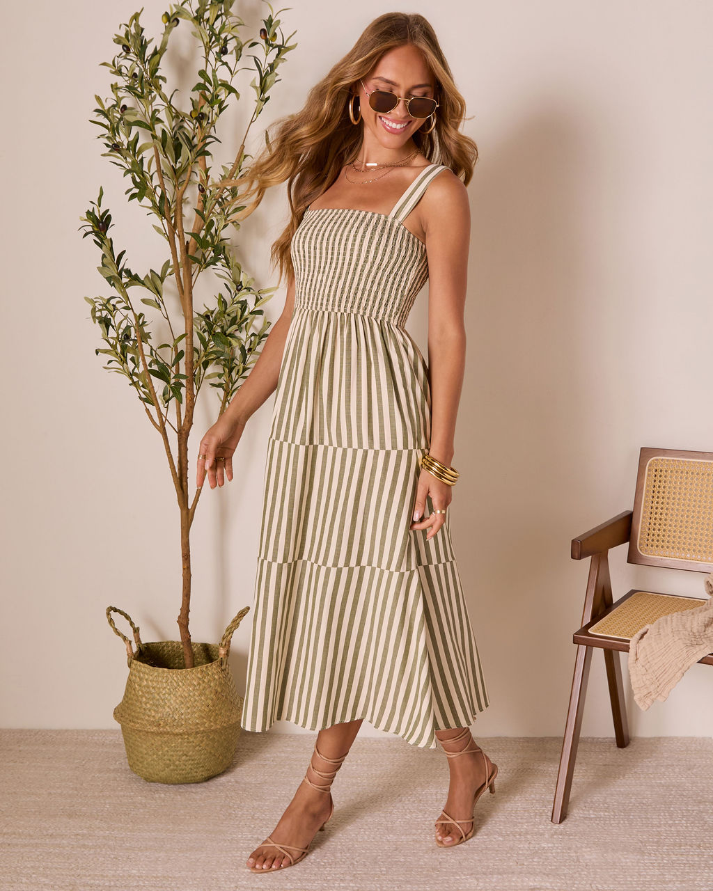 Braylin Striped Smocked Midi Dress-Vogue Logic