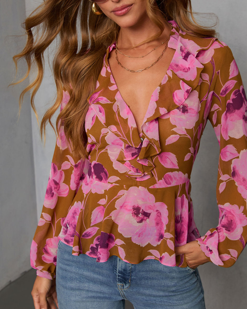 Wild Fig Ruffle Chiffon Top-Vogue Logic