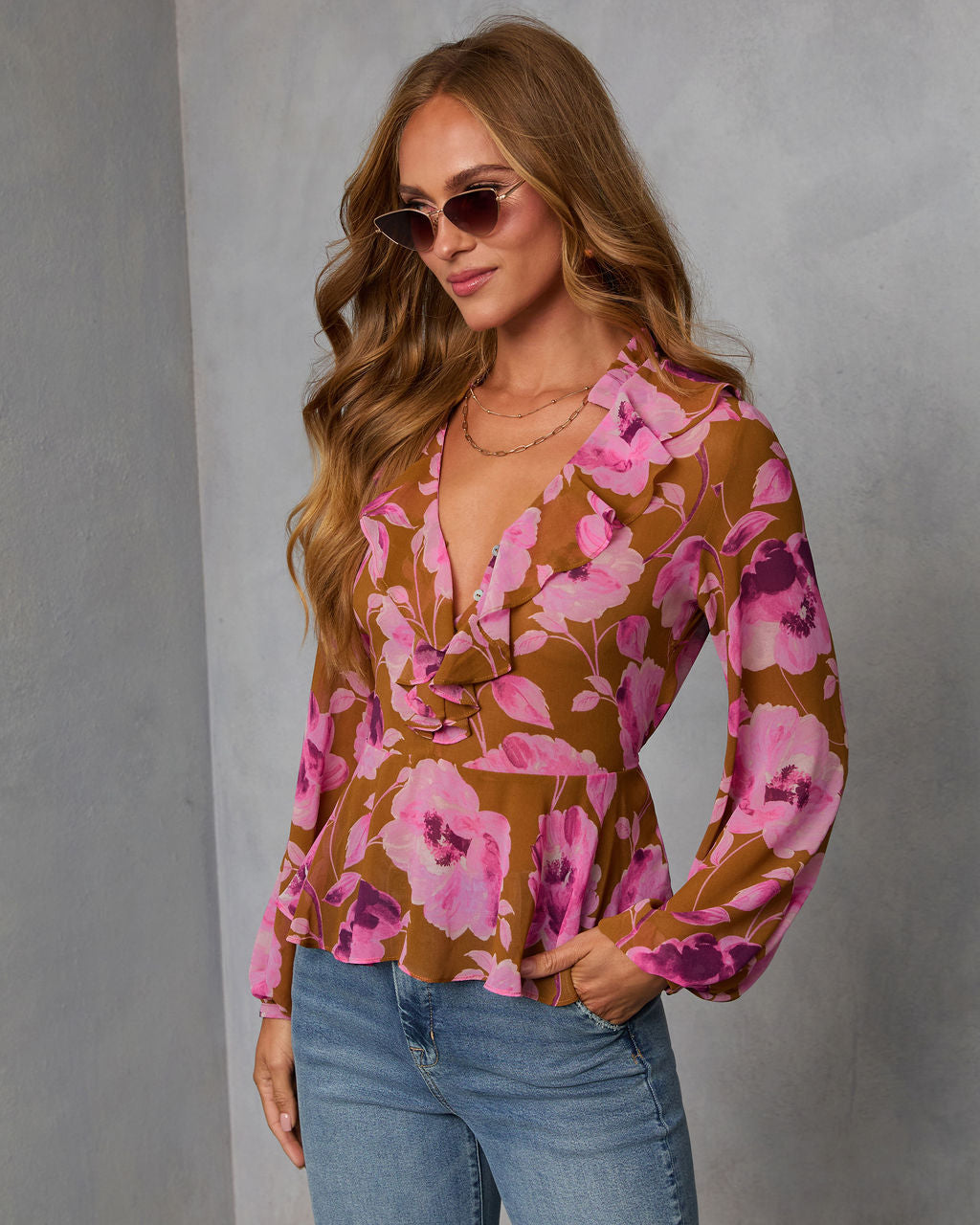 Wild Fig Ruffle Chiffon Top-Vogue Logic