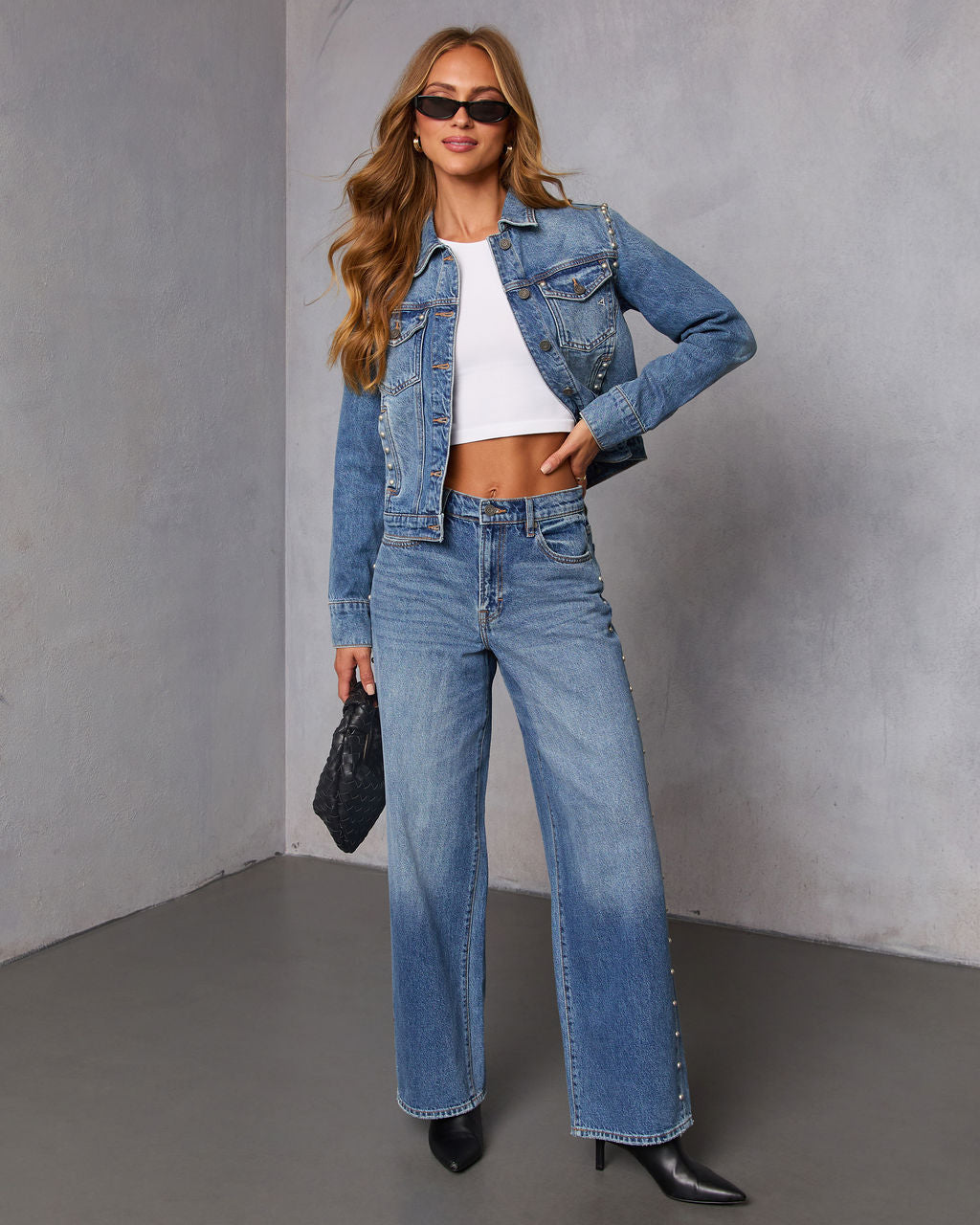 Burnt Sugar Stud Embellished Denim Jacket-Vogue Logic