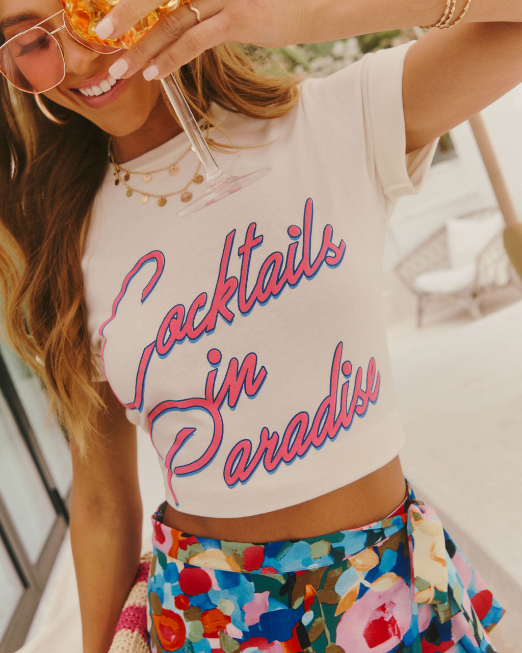 Cocktails In Paradise Short Sleeve Graphic Tee-Vogue Logic