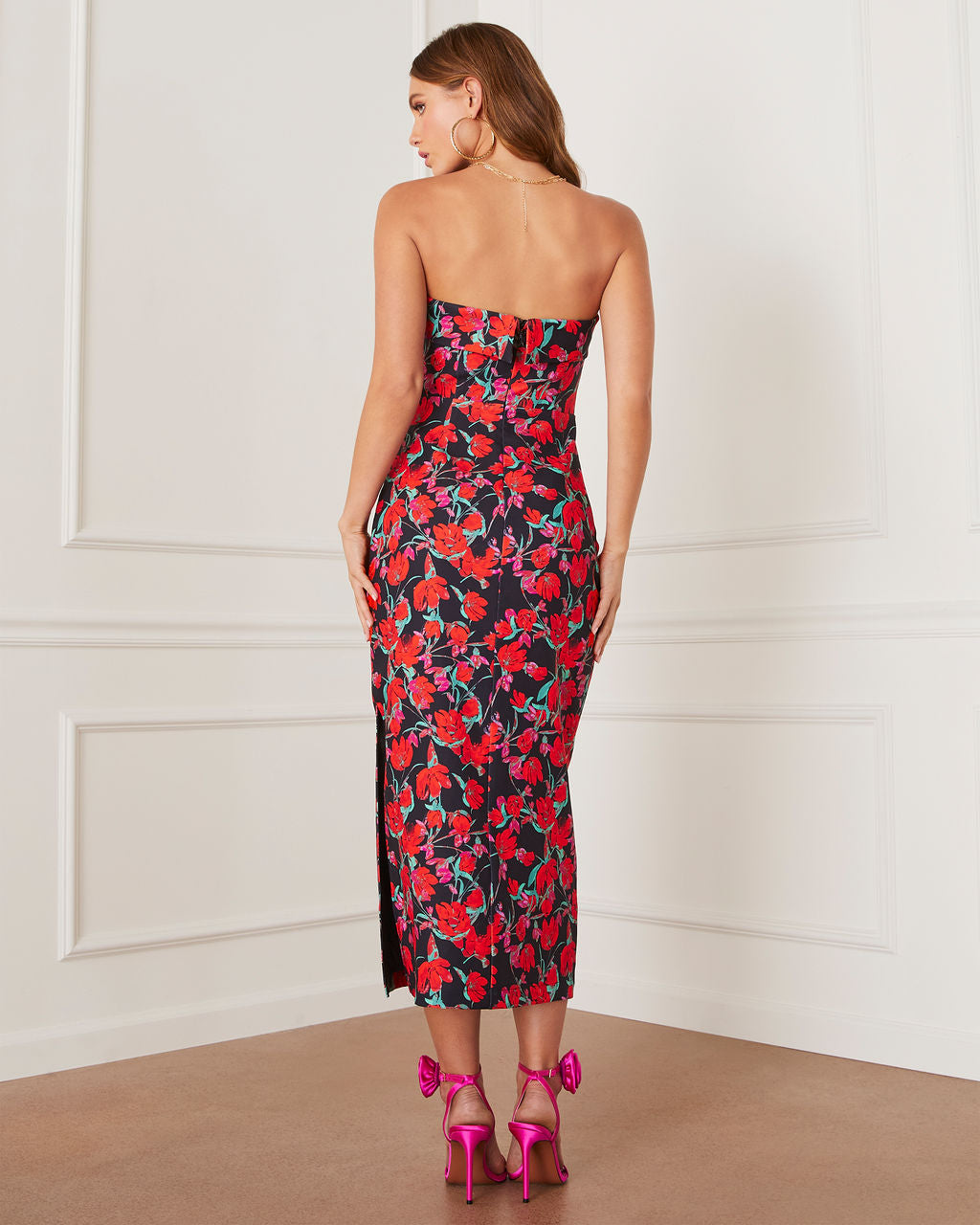 Thalia Strapless Floral Midi Dress-Vogue Logic