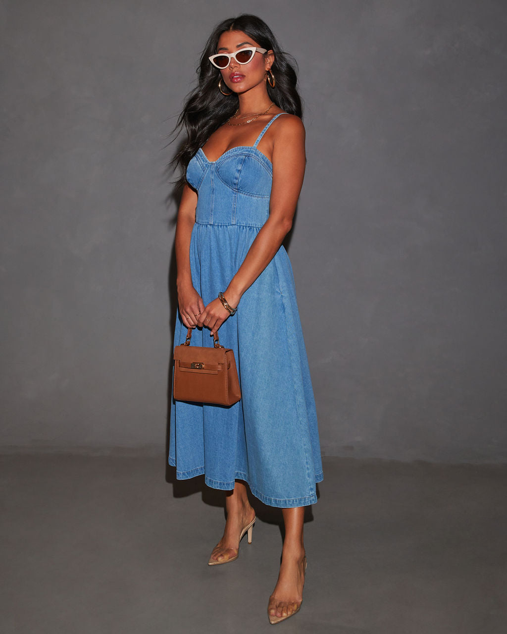 Vienna Voyage Denim Midi Dress-Vogue Logic