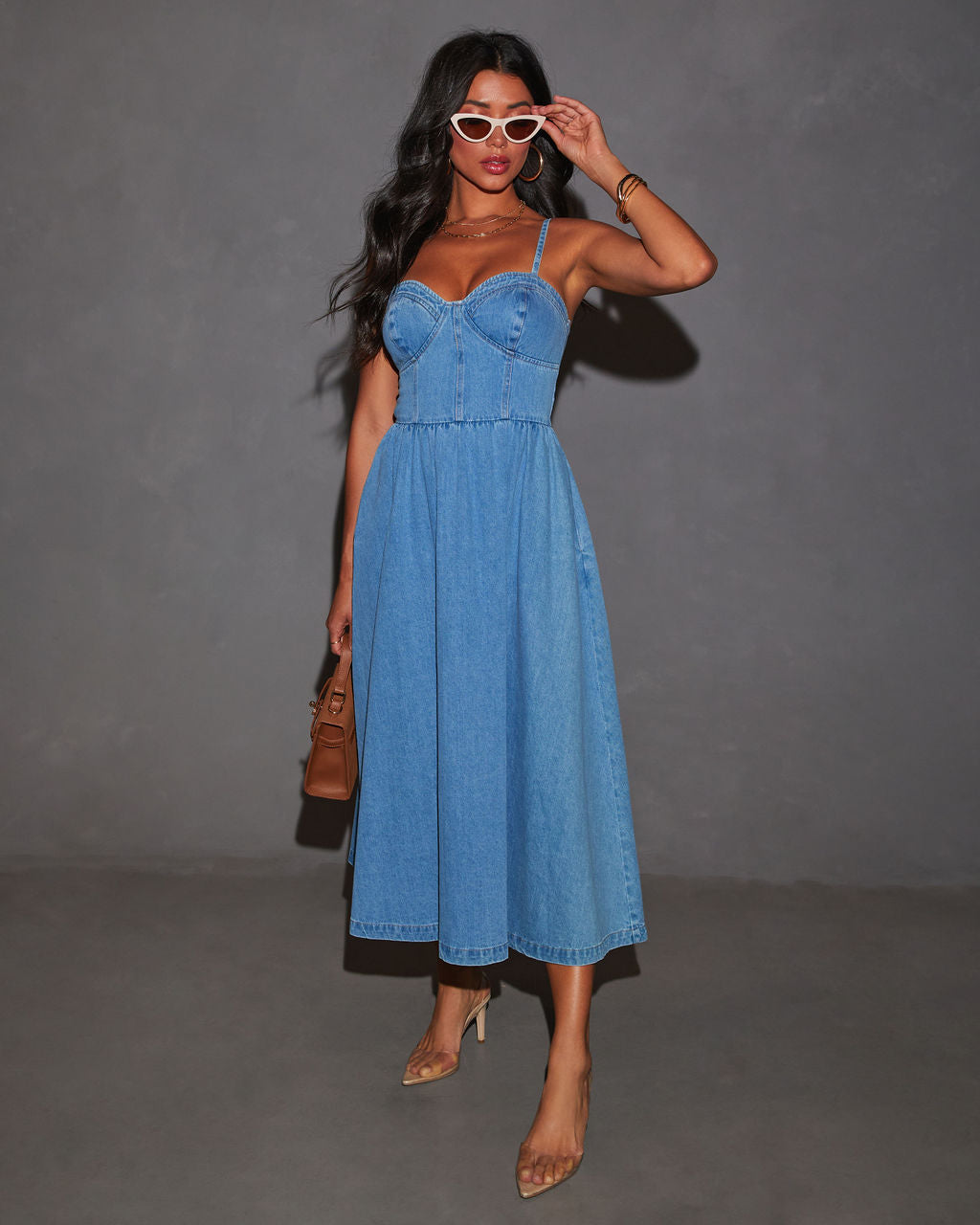 Vienna Voyage Denim Midi Dress-Vogue Logic