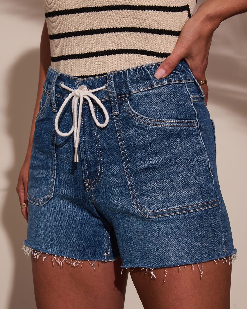 Carmela Drawstring Denim Shorts-Vogue Logic