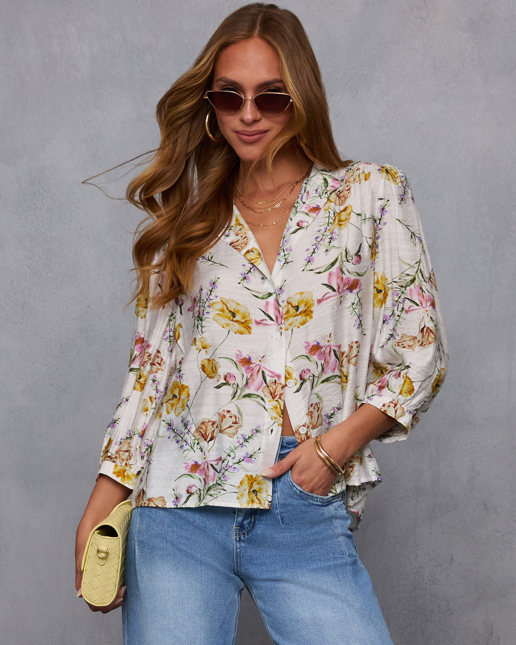 Blossom Breeze Floral Quarter Sleeve Blouse-Vogue Logic