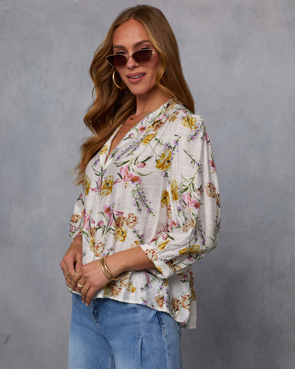Blossom Breeze Floral Quarter Sleeve Blouse-Vogue Logic